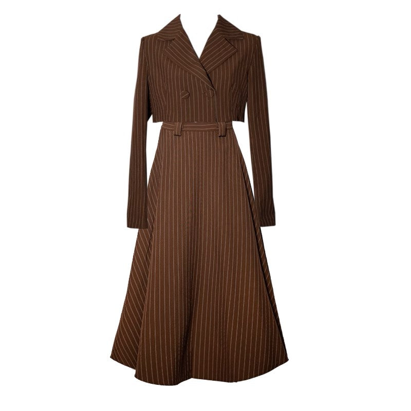 Coffee-colored vertical striped classic jacket, vest, and skirt