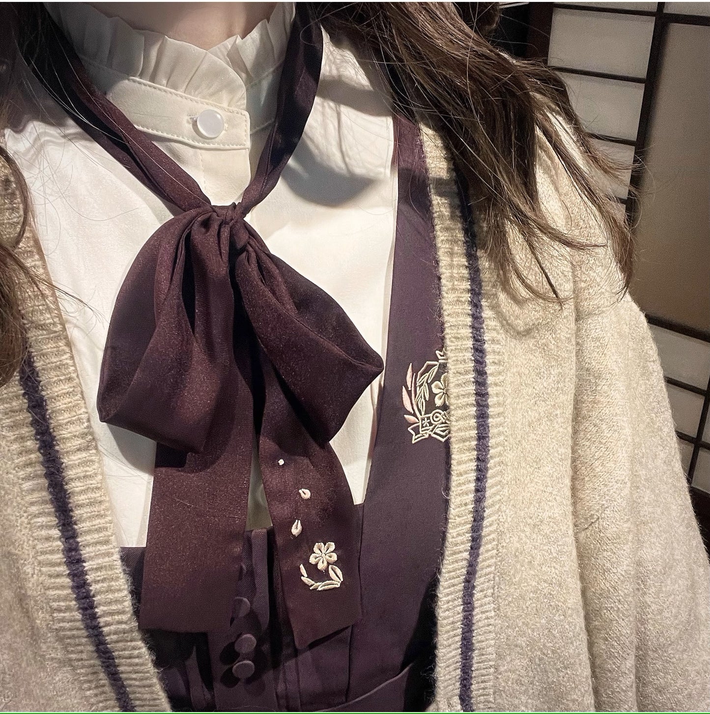 Japanese-style deep purple jumper skirt and blouse, haori, ribbon tie, corsage only