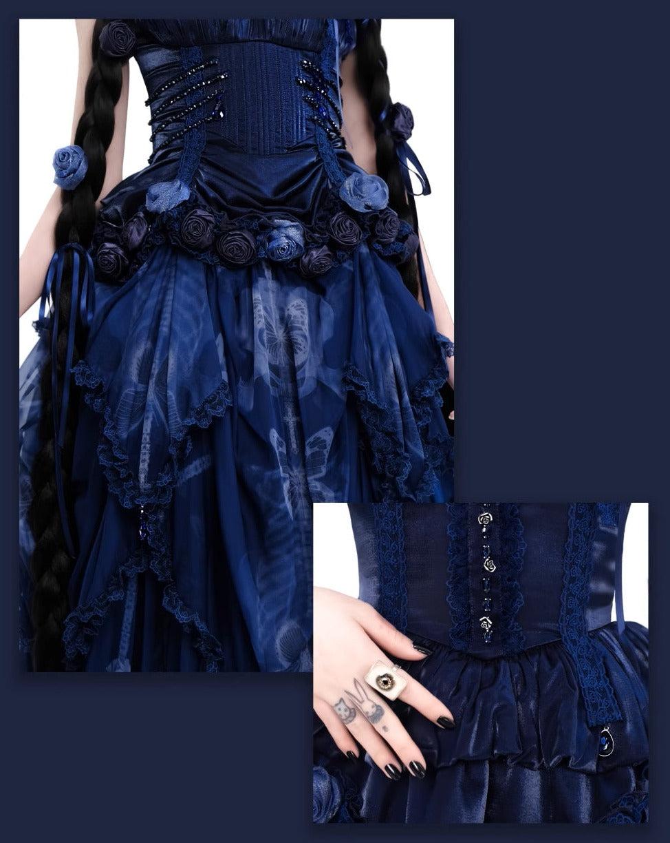 【販売期間終了】Rose Knight III サテンとオーガンジーのゴシックドレス【サファイアブルー】