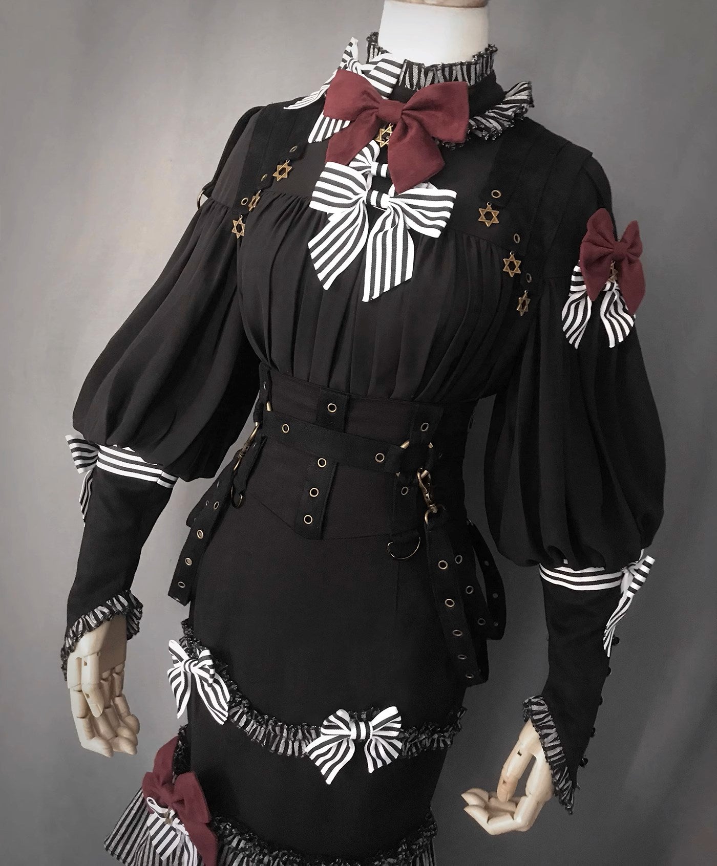 [Pre-order] Black &amp; Striped Retro Fishtail Skirt and Blouse