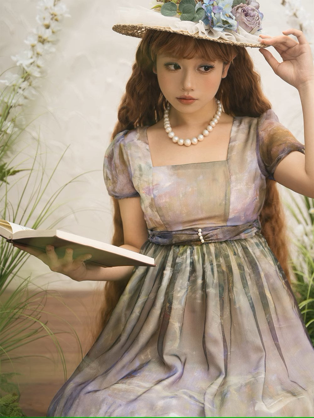 【予約販売】Elegance Greek 油彩画風プリントエンパイアワンピース フリルなし