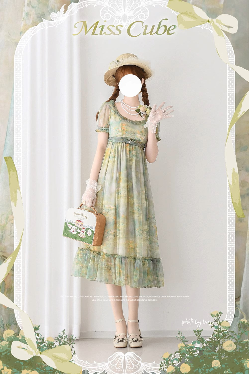 【予約販売】Elegance Greek 油彩画風プリントエンパイアワンピース フリルあり
