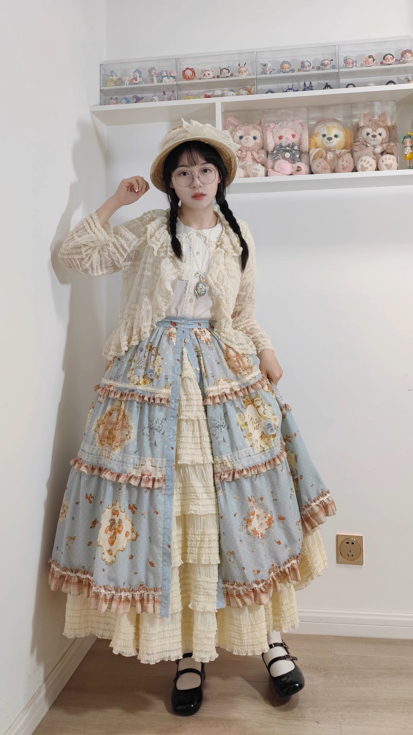 [Sale period has ended] Cat Rose Tea Party Open Front Long Skirt 3 Piece Set Flat Type