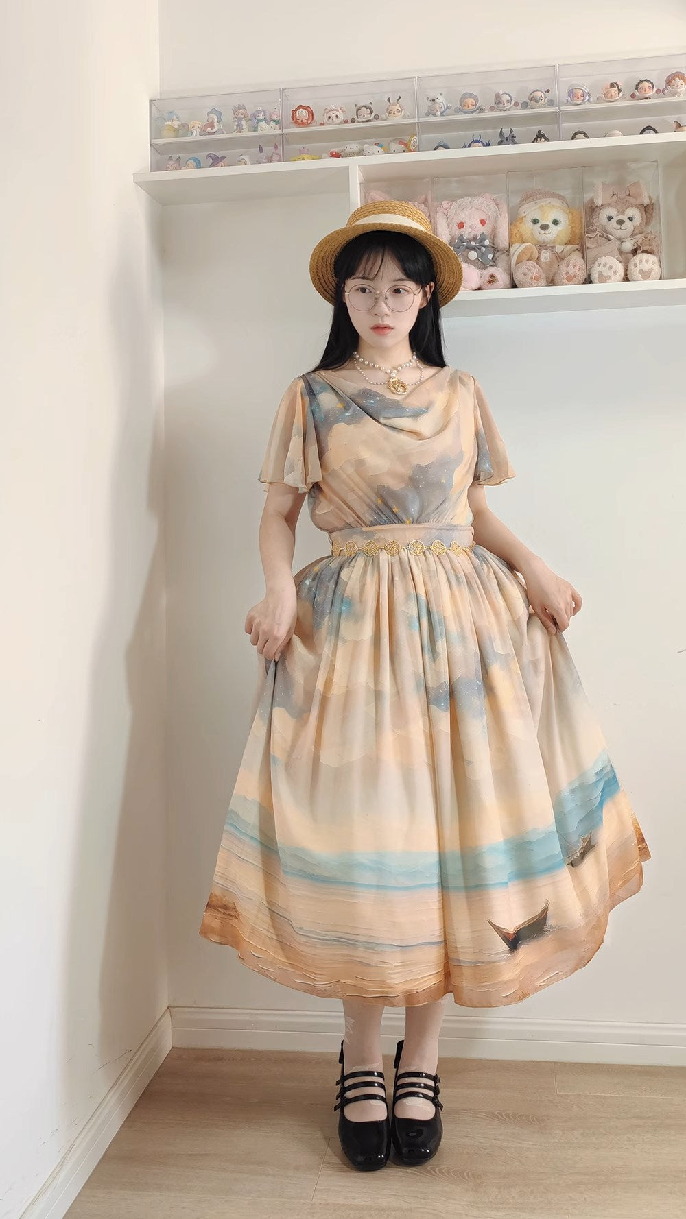 Elegance Greek Oil Painting Style Print Flare Sleeve Jumper Skirt