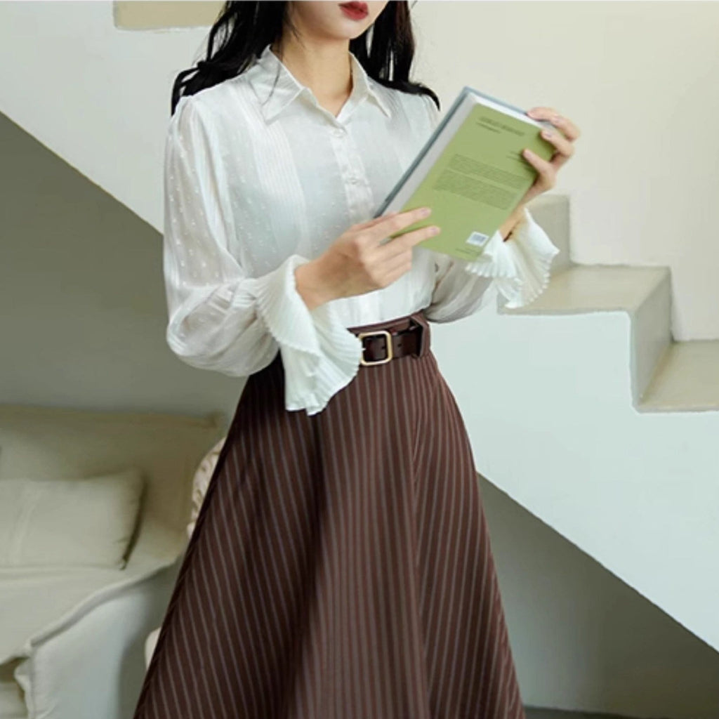 French retro pleated cuff white blouse