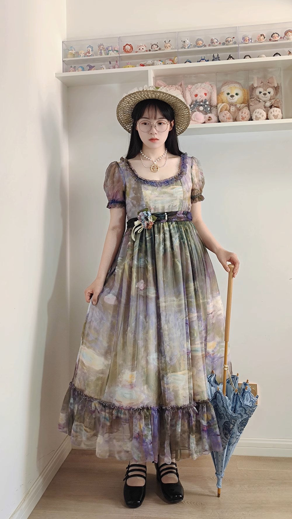【予約販売】Elegance Greek 油彩画風プリントエンパイアワンピース フリルあり