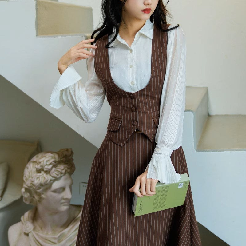Coffee-colored vertical striped classic jacket, vest, and skirt