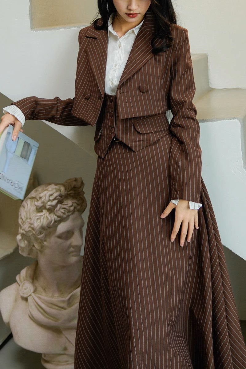 Coffee-colored vertical striped classic jacket, vest, and skirt
