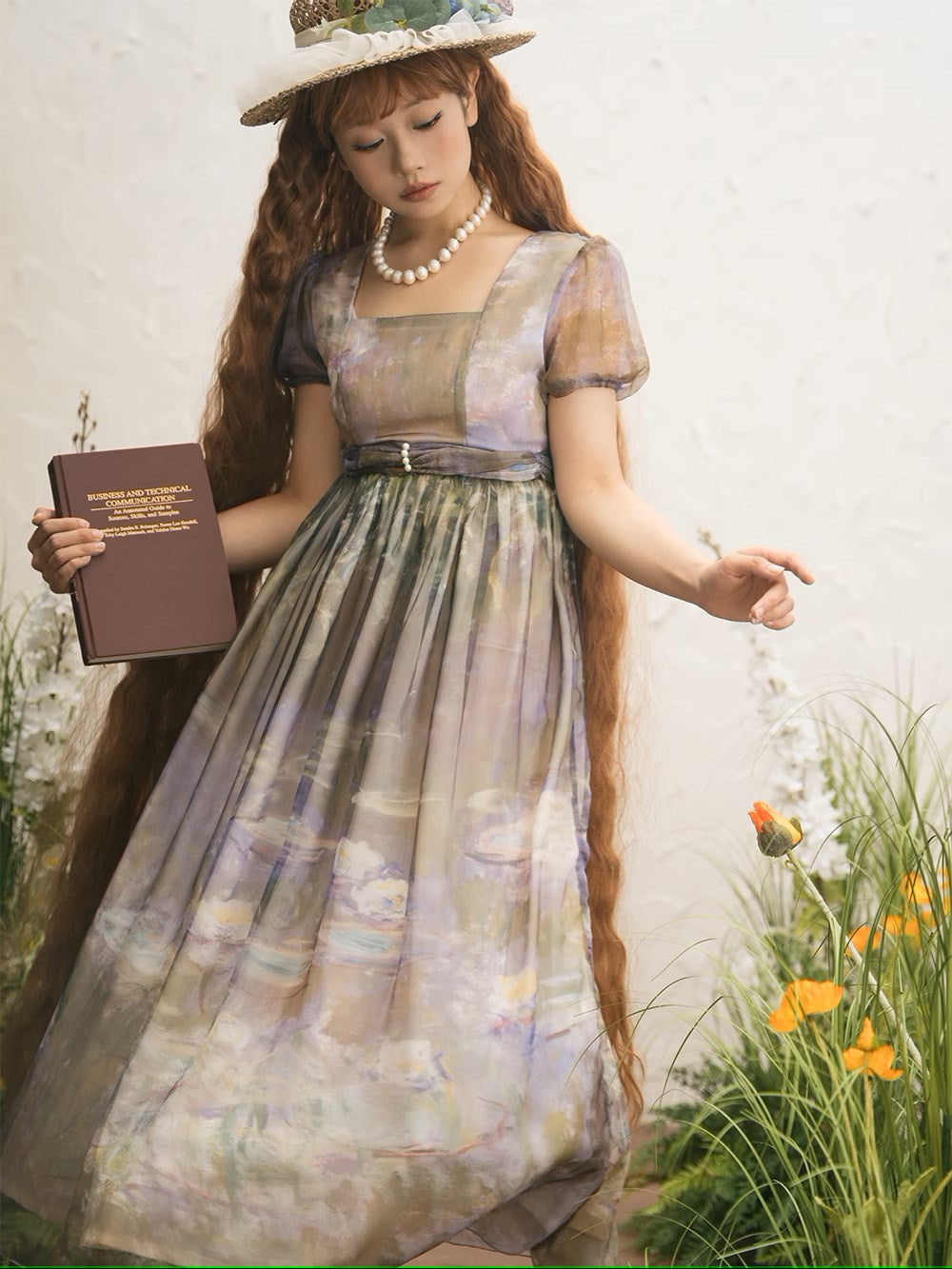 【予約販売】Elegance Greek 油彩画風プリントエンパイアワンピース フリルなし