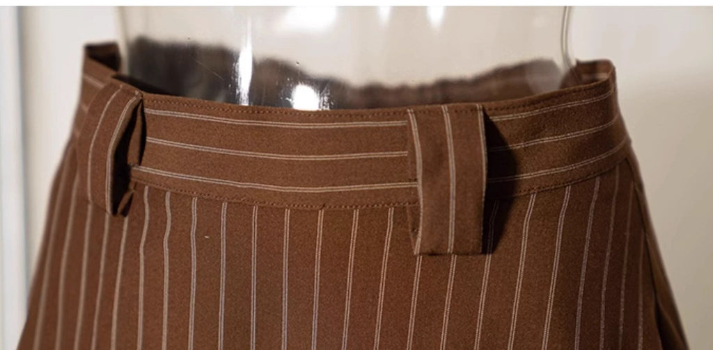 Coffee-colored vertical striped classic jacket, vest, and skirt
