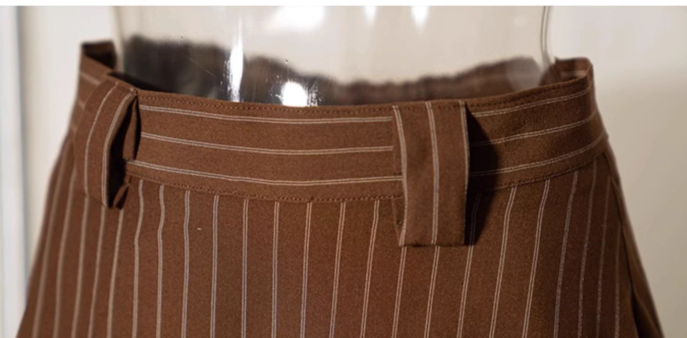 Coffee-colored vertical striped classic jacket, vest, and skirt