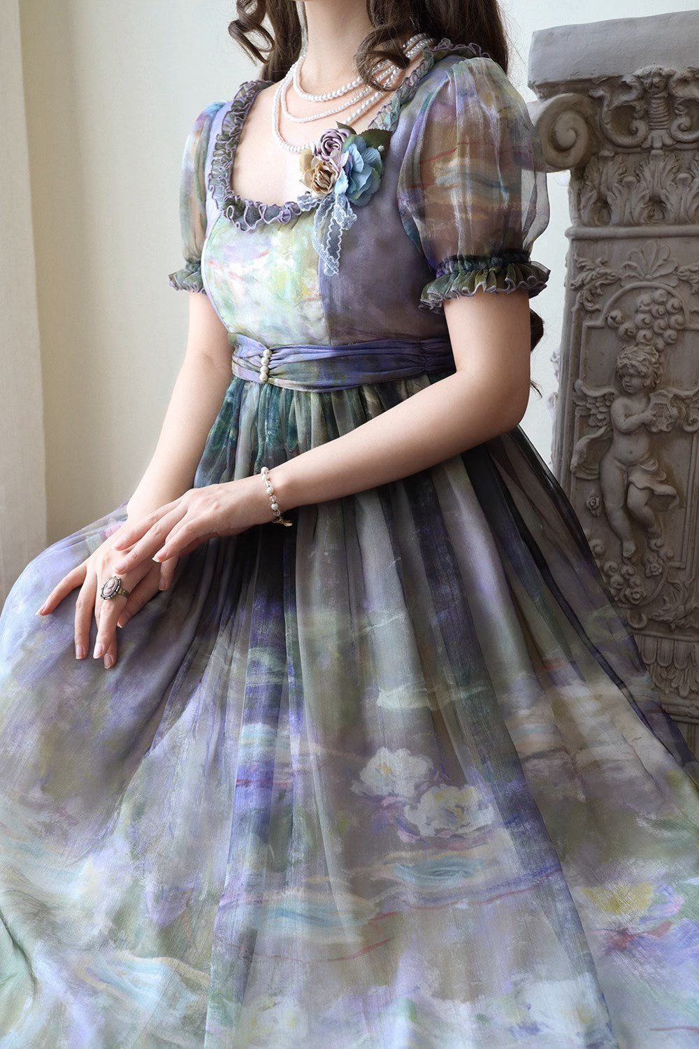 Elegance Greek oil painting style print empire dress with ruffles