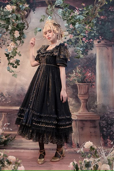 [Pre-orders available until 8/4] Starlight embroidered lace empire dress - black