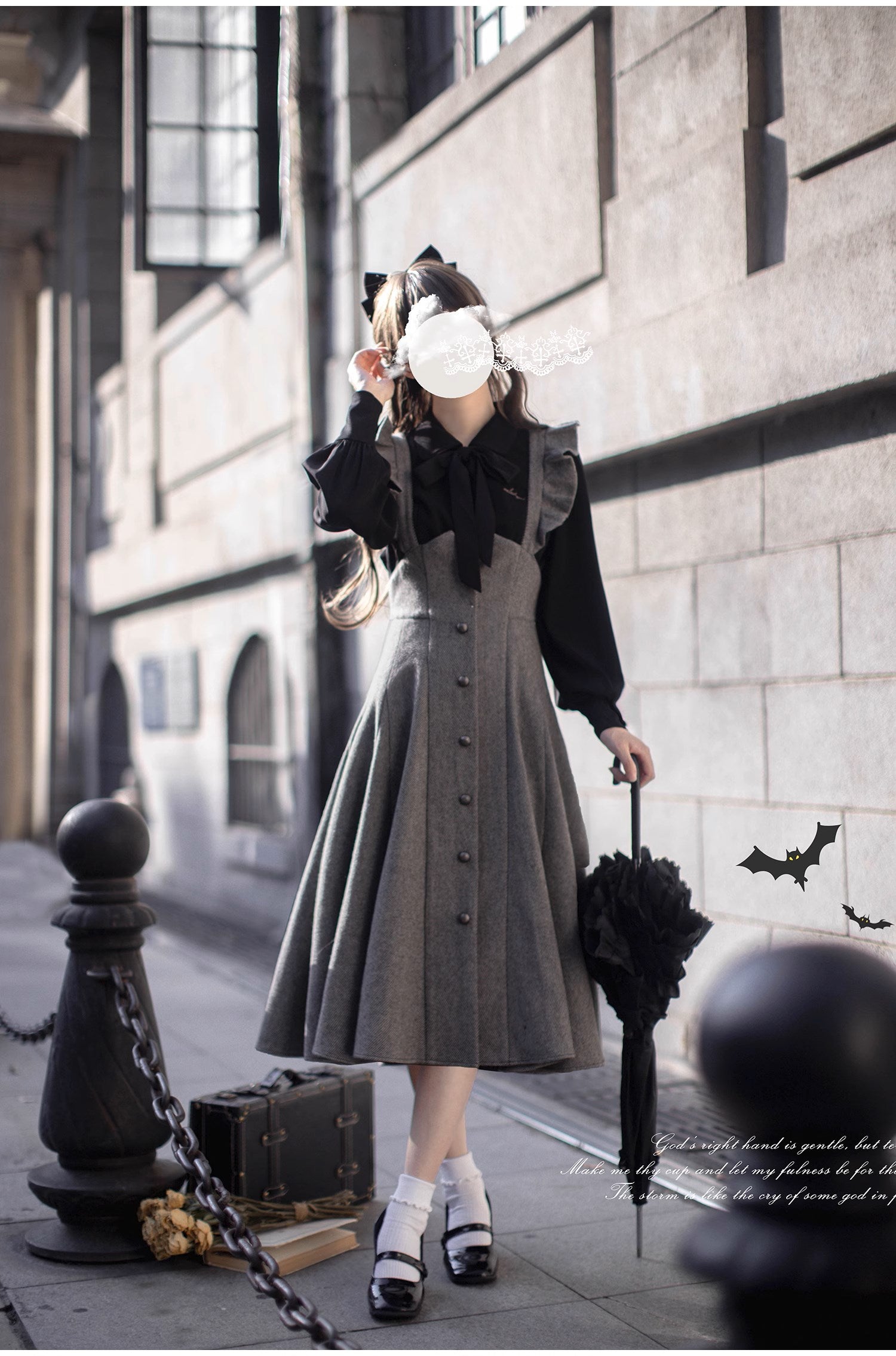 Gray metal button jumper skirt and ribbon tie blouse