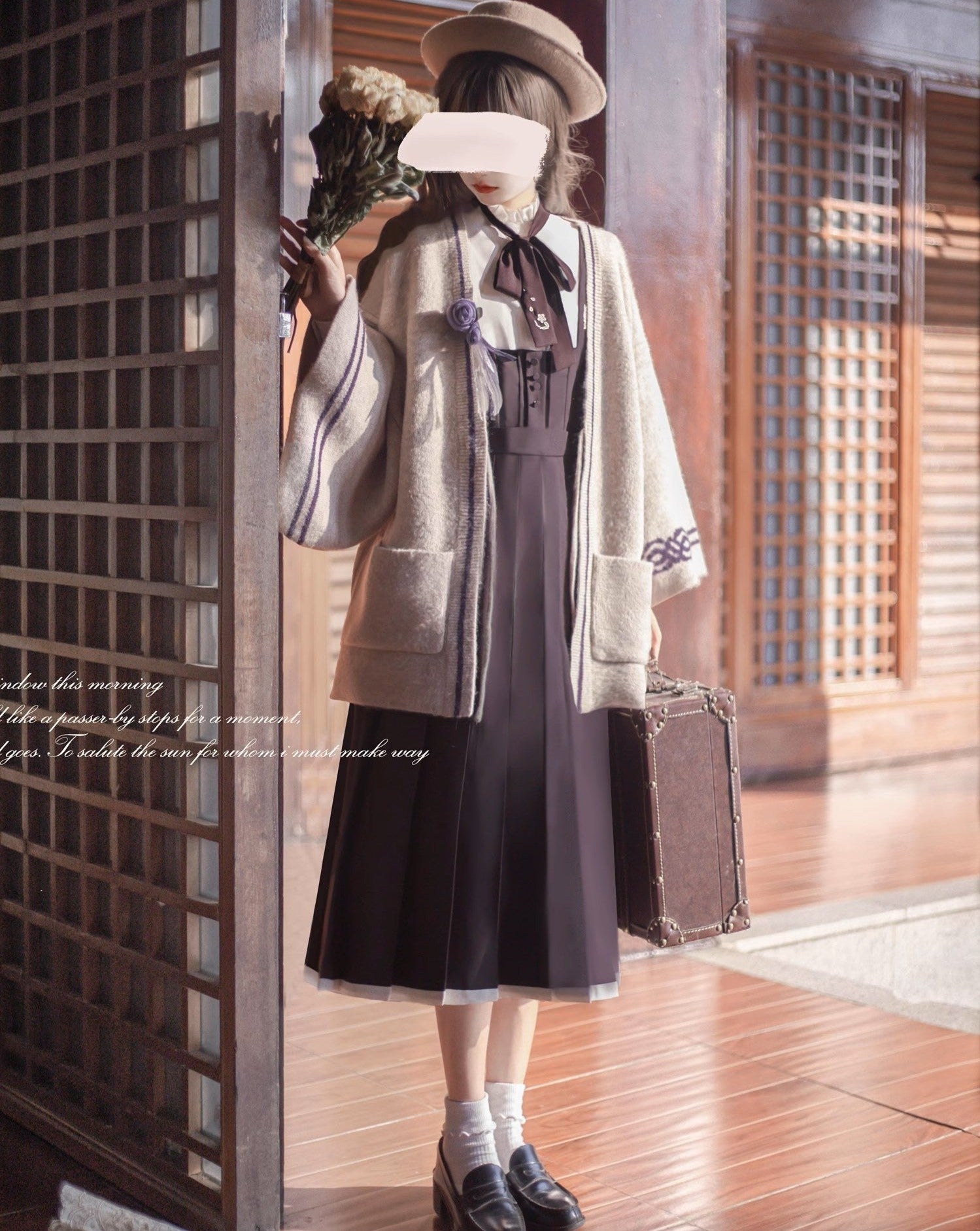 Japanese-style deep purple jumper skirt and blouse, haori, ribbon tie, corsage only