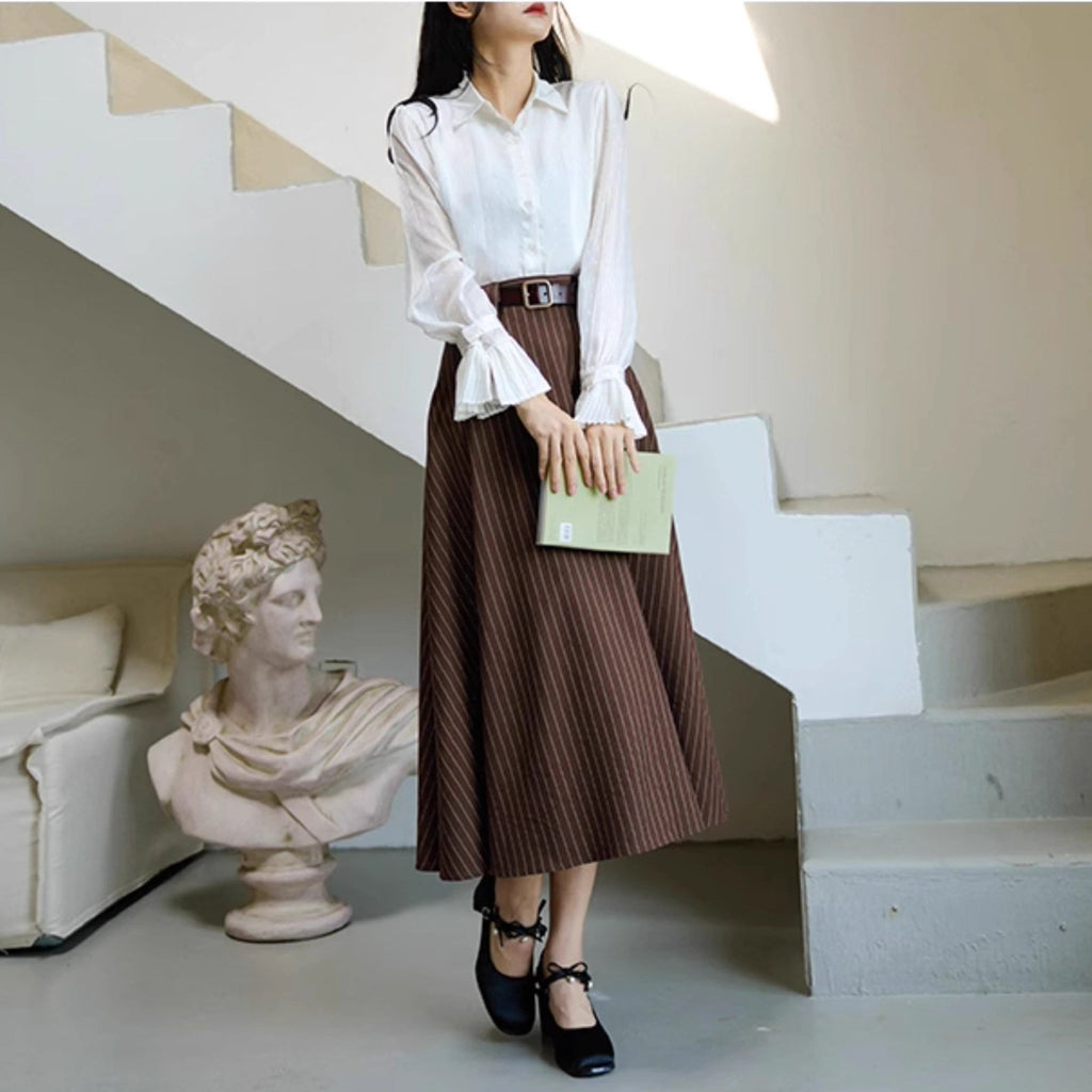 Coffee-colored vertical striped classic jacket, vest, and skirt