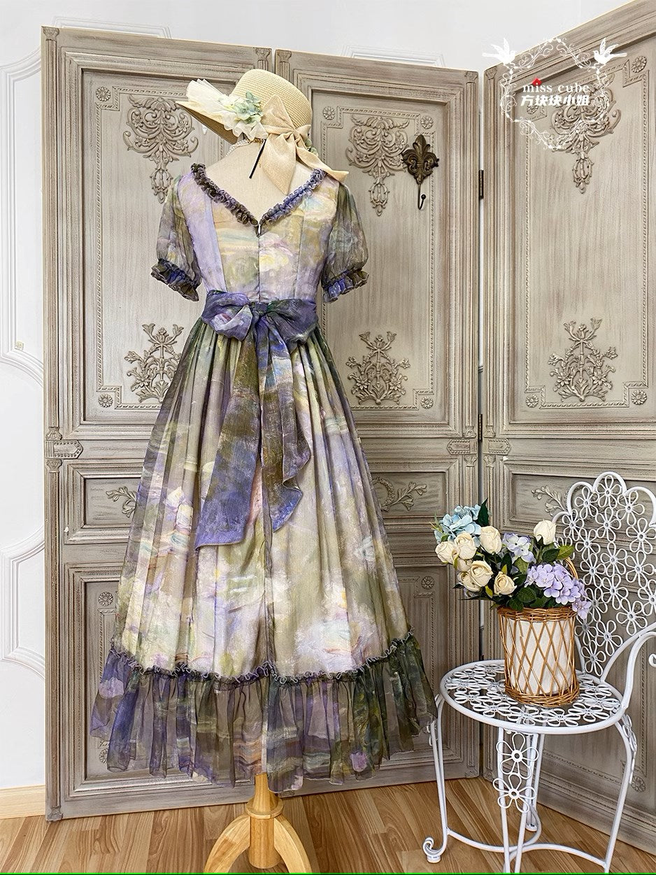 【予約販売】Elegance Greek 油彩画風プリントエンパイアワンピース フリルあり