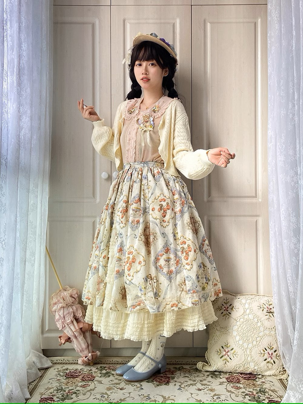 【予約販売】猫の薔薇お茶会 前開きデイリースカート