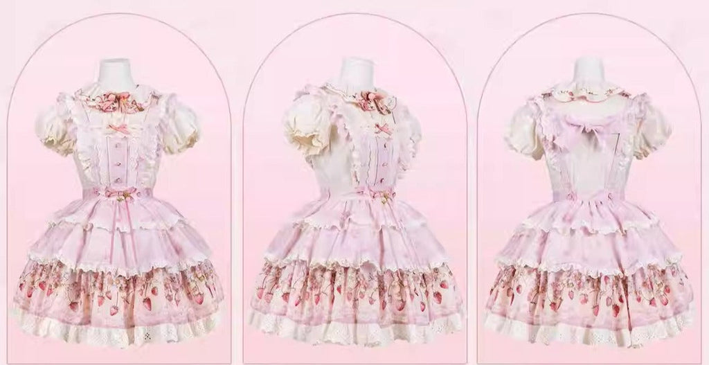 Strawberry Chiffon 胸当て付き三段スカート