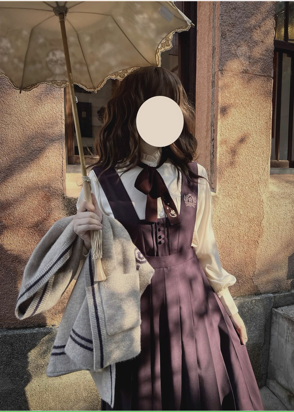 Japanese-style deep purple jumper skirt and blouse, haori, ribbon tie, corsage only