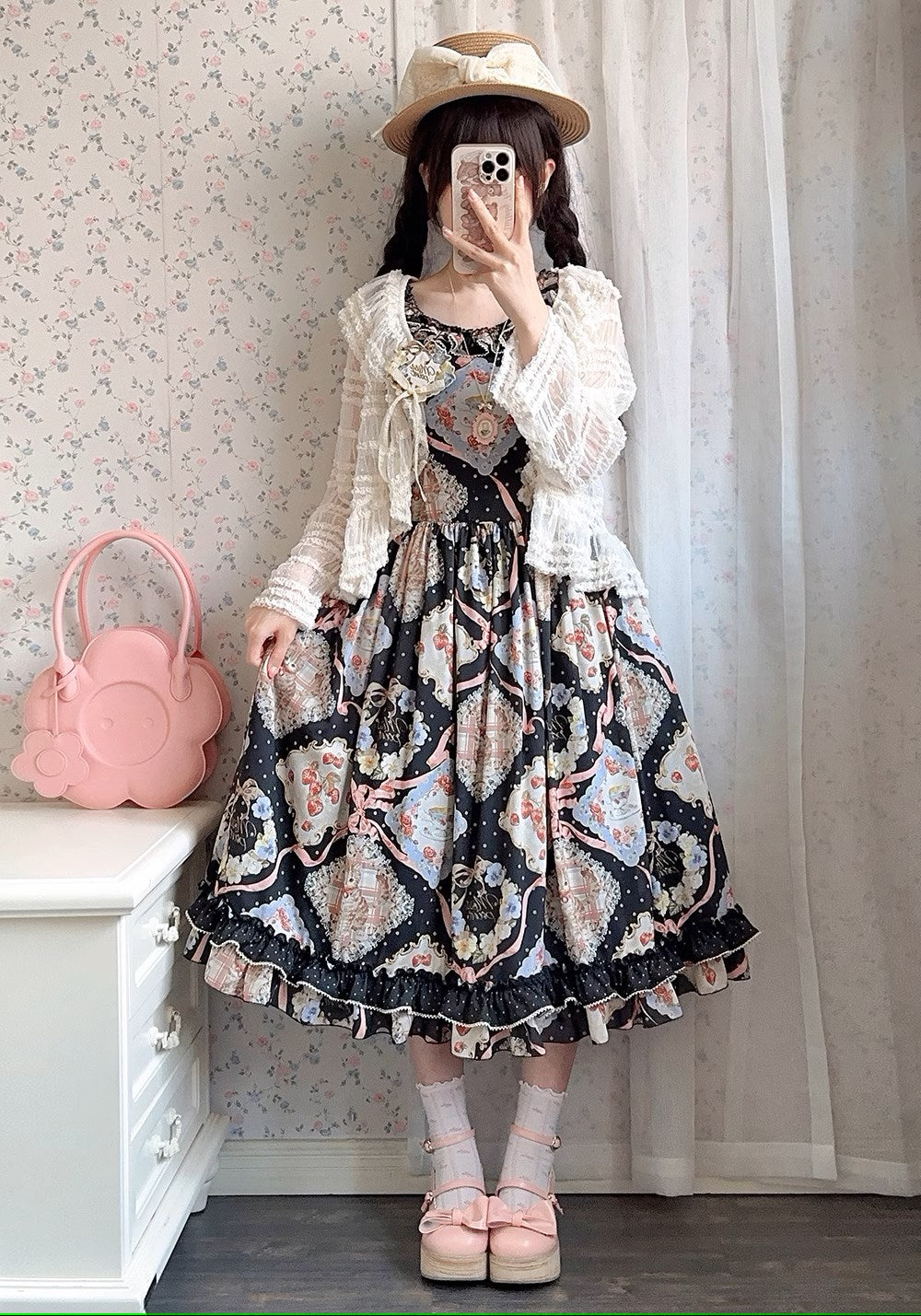 [Sale period has ended] Cat Rose Tea Party Jumper Skirt 3 Piece Set All Print Type