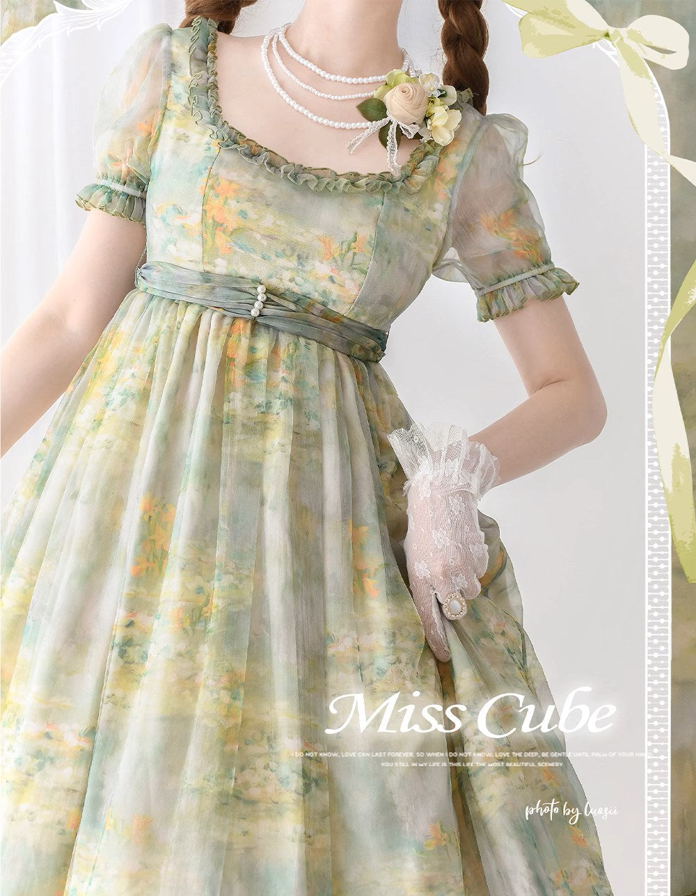 【予約販売】Elegance Greek 油彩画風プリントエンパイアワンピース フリルあり