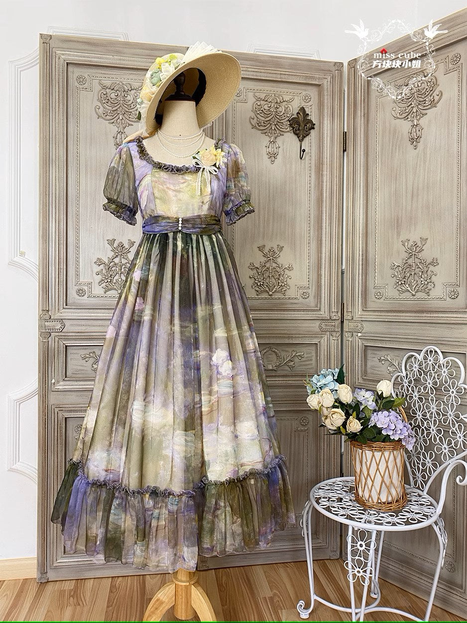Elegance Greek oil painting style print empire dress with ruffles