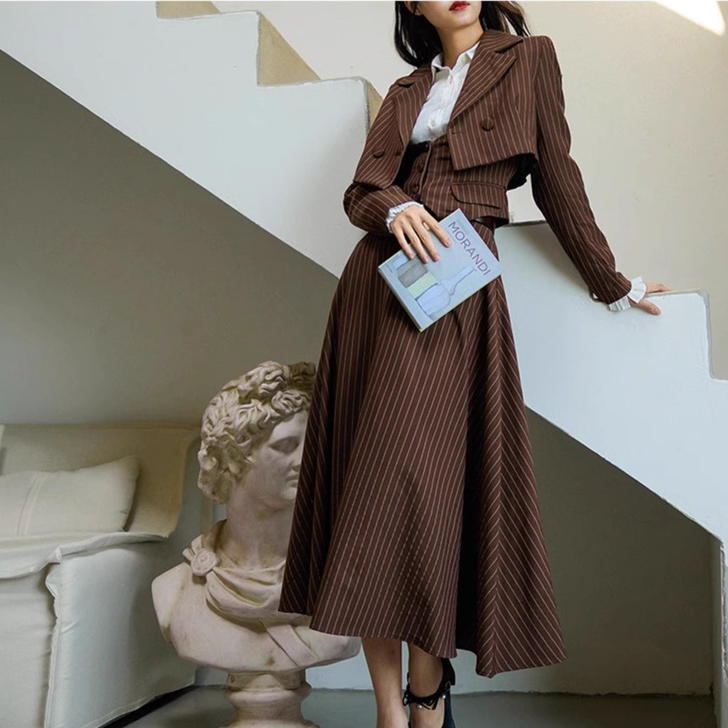 Coffee-colored vertical striped classic jacket, vest, and skirt