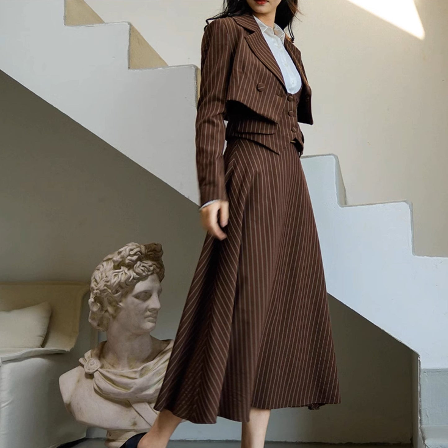 Coffee-colored vertical striped classic jacket, vest, and skirt