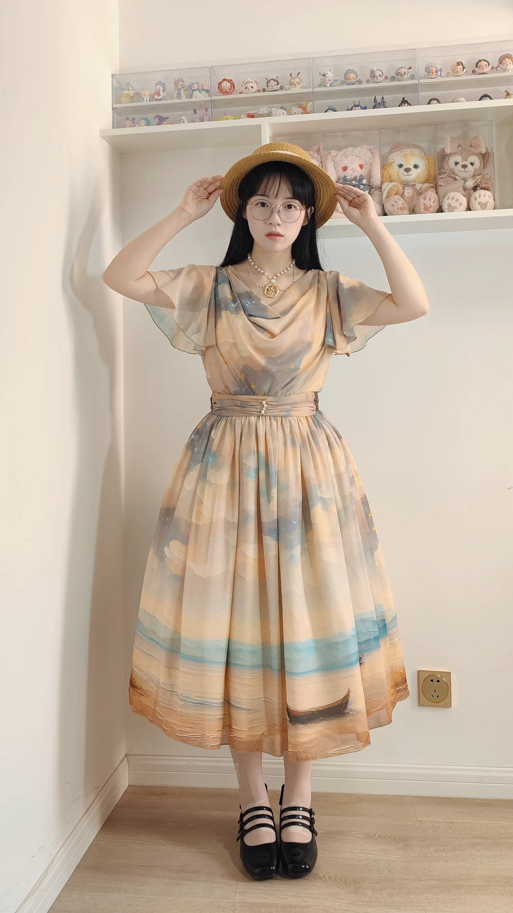 Elegance Greek Oil Painting Style Print Flare Sleeve Jumper Skirt