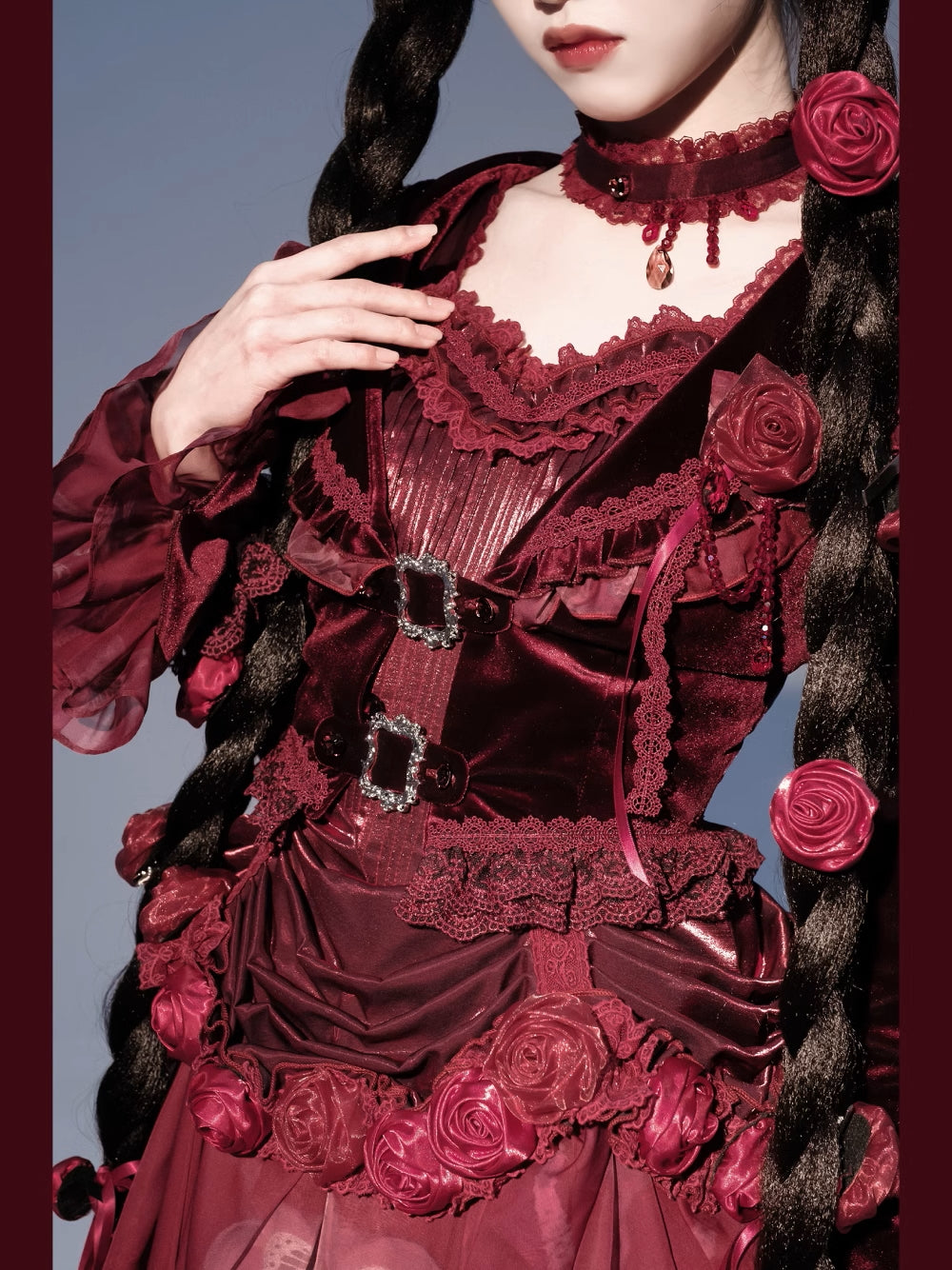 【販売期間終了】Rose Knight III サテンとオーガンジーのゴシックドレス【ワインレッド】