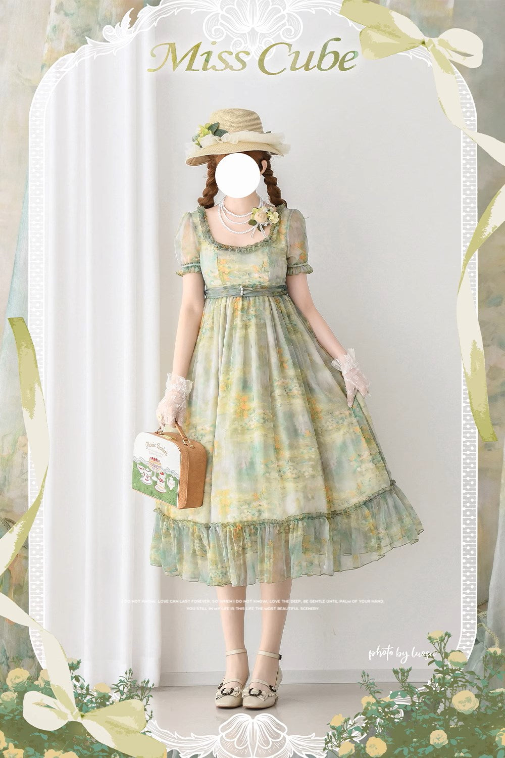 【予約販売】Elegance Greek 油彩画風プリントエンパイアワンピース フリルあり