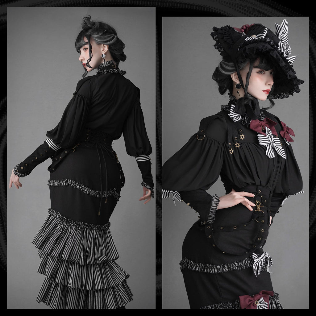 [Pre-order] Black &amp; Striped Retro Fishtail Skirt and Blouse