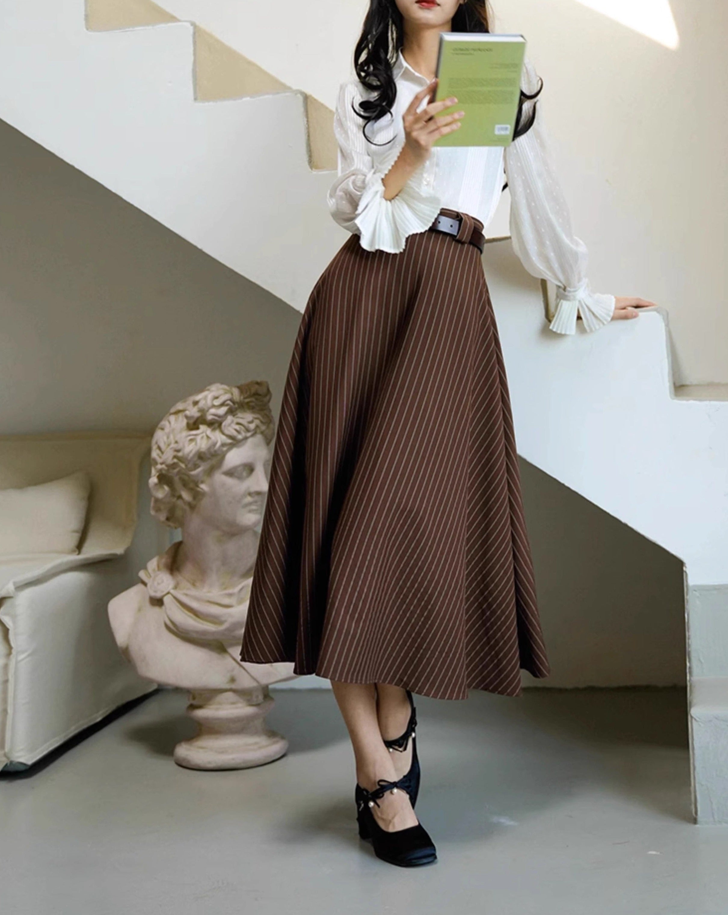 Coffee-colored vertical striped classic jacket, vest, and skirt