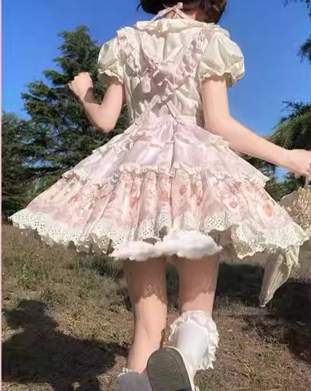 Strawberry Chiffon 胸当て付き三段スカート
