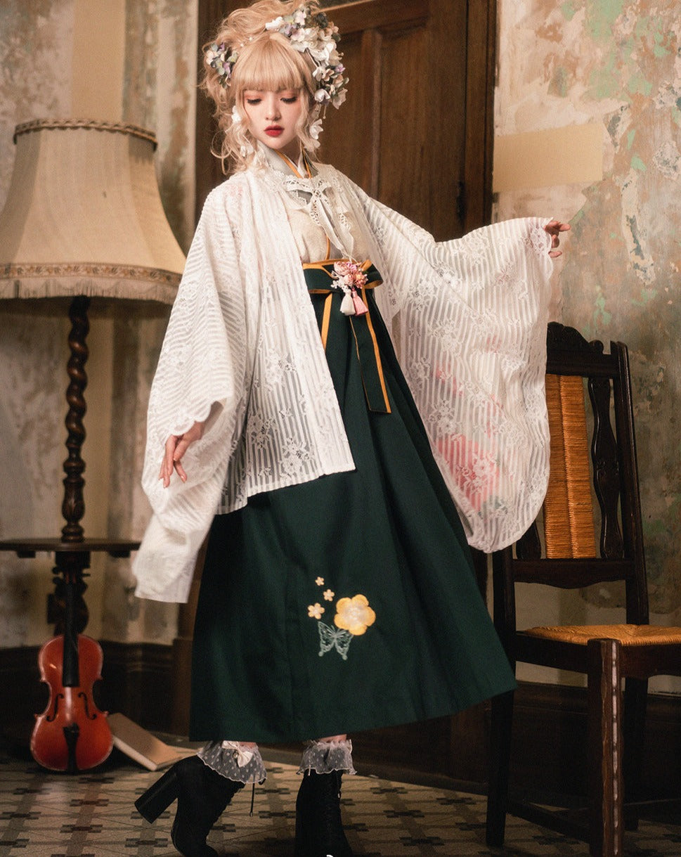 Camellia flower embroidery and butterfly hakama skirt