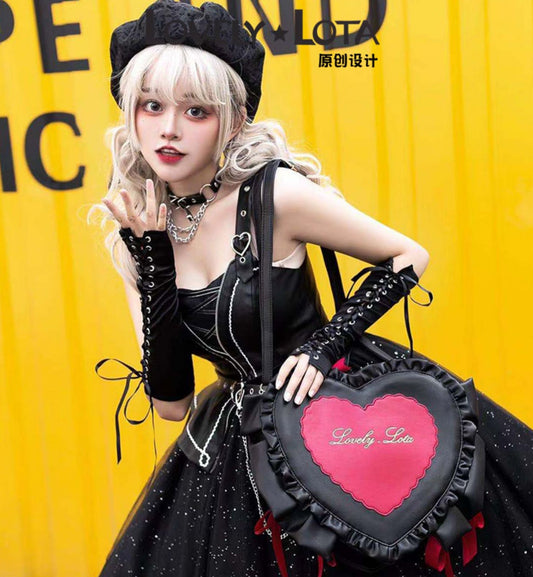 Large Heart Logo Embroidered Lolita Bag with Frill and Ribbon