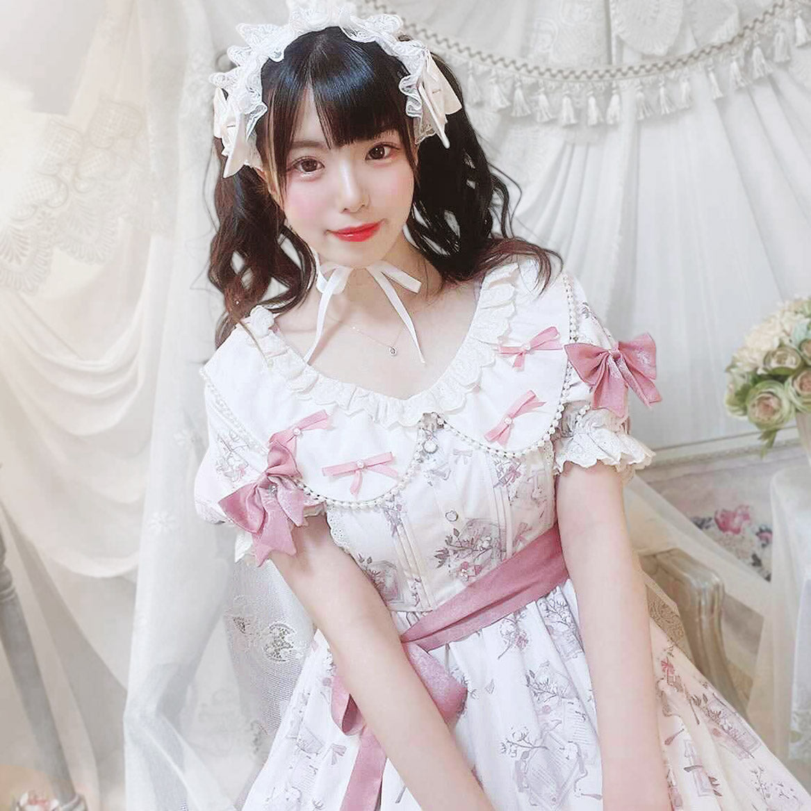 予約販売【IDOLFILE】掲載商品｜パールとピンクのサッシュリボン付き 甘ロリ ロリータ ワンピース