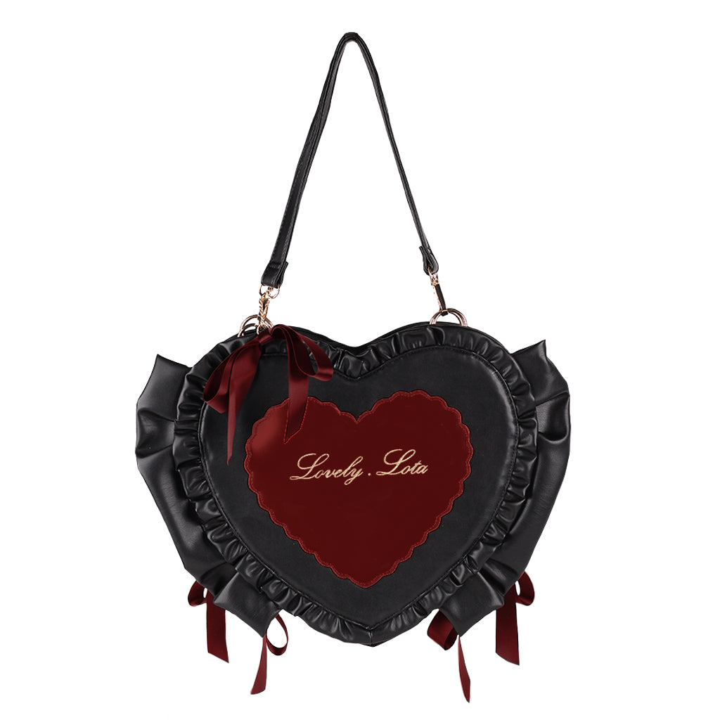 フリルとリボンの大きなハート ロゴ刺繍 ロリータバッグ