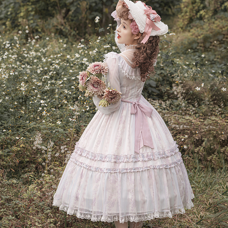 [Pre-order] Garden of Flowers Sheer Stand Collar Dress