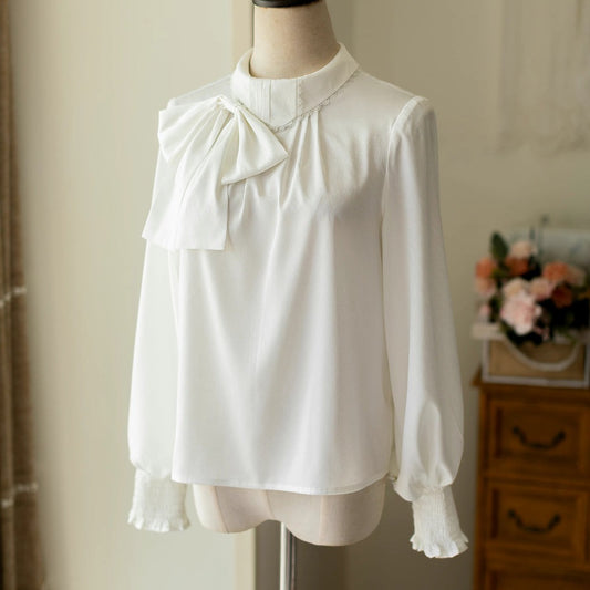 Classical Stand Collar Ribbon Tie Blouse [20% off for combined purchases]