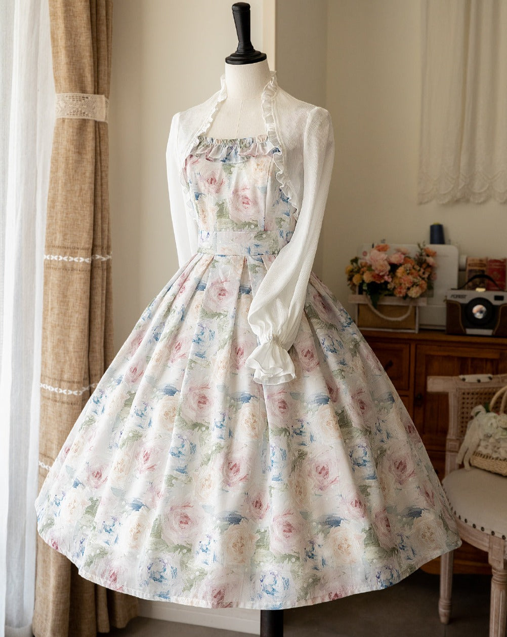 Rose oil painting French sleeve jumper skirt with ribbon hair accessory