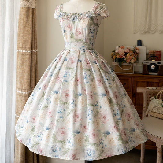 [Reservation sale] Rose oil painting French sleeve jumper skirt with ribbon hair accessory