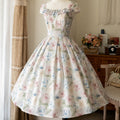 Rose oil painting French sleeve jumper skirt with ribbon hair accessory