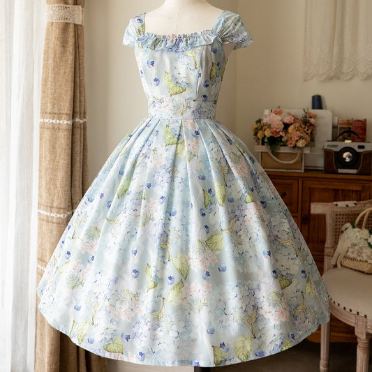 [Reservation sale] Hydrangea and blueberry French sleeve jumper skirt with ribbon hair accessory