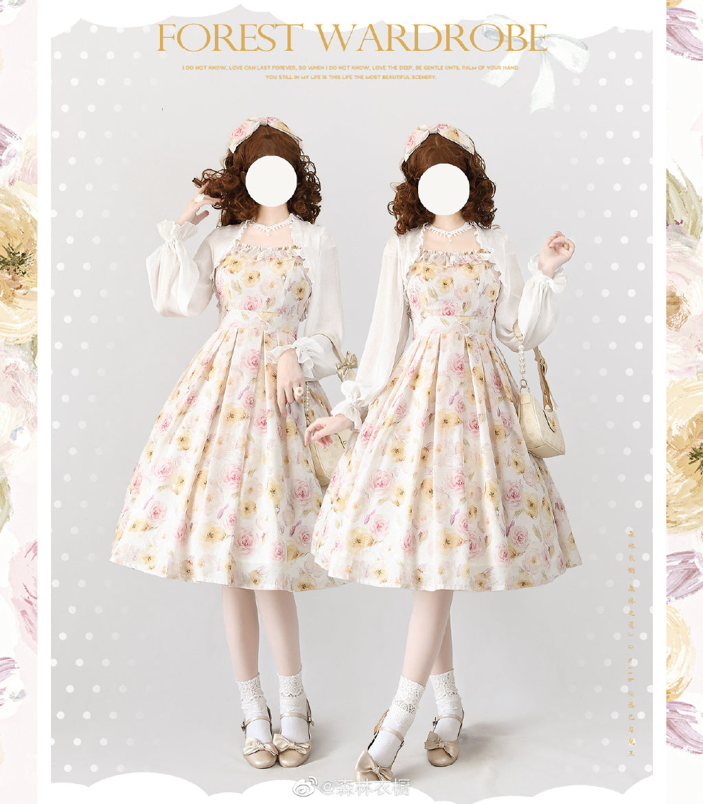 [Reservation sale] Rose watercolor French sleeve jumper skirt with ribbon hair accessory
