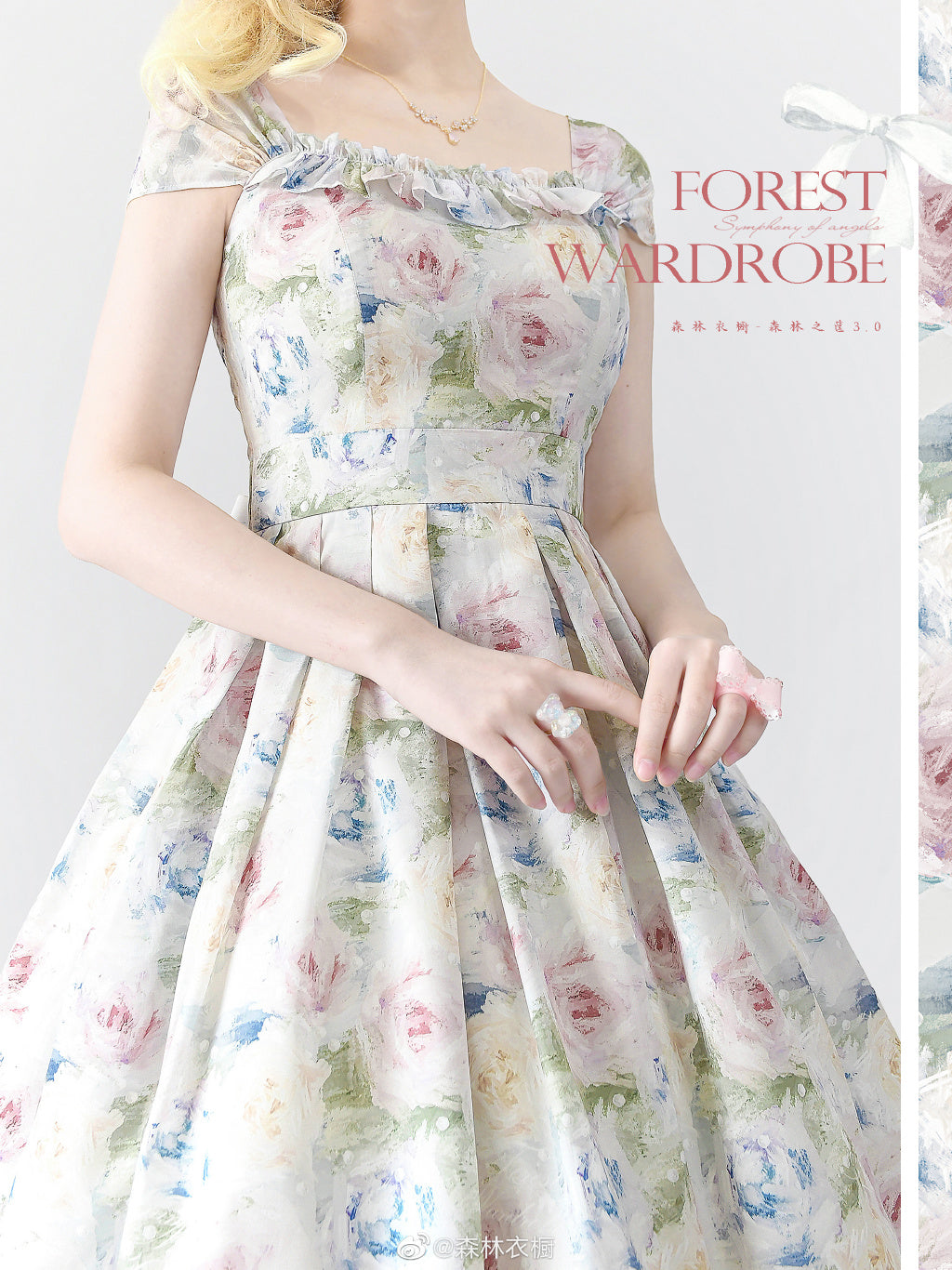 Rose oil painting French sleeve jumper skirt with ribbon hair accessory