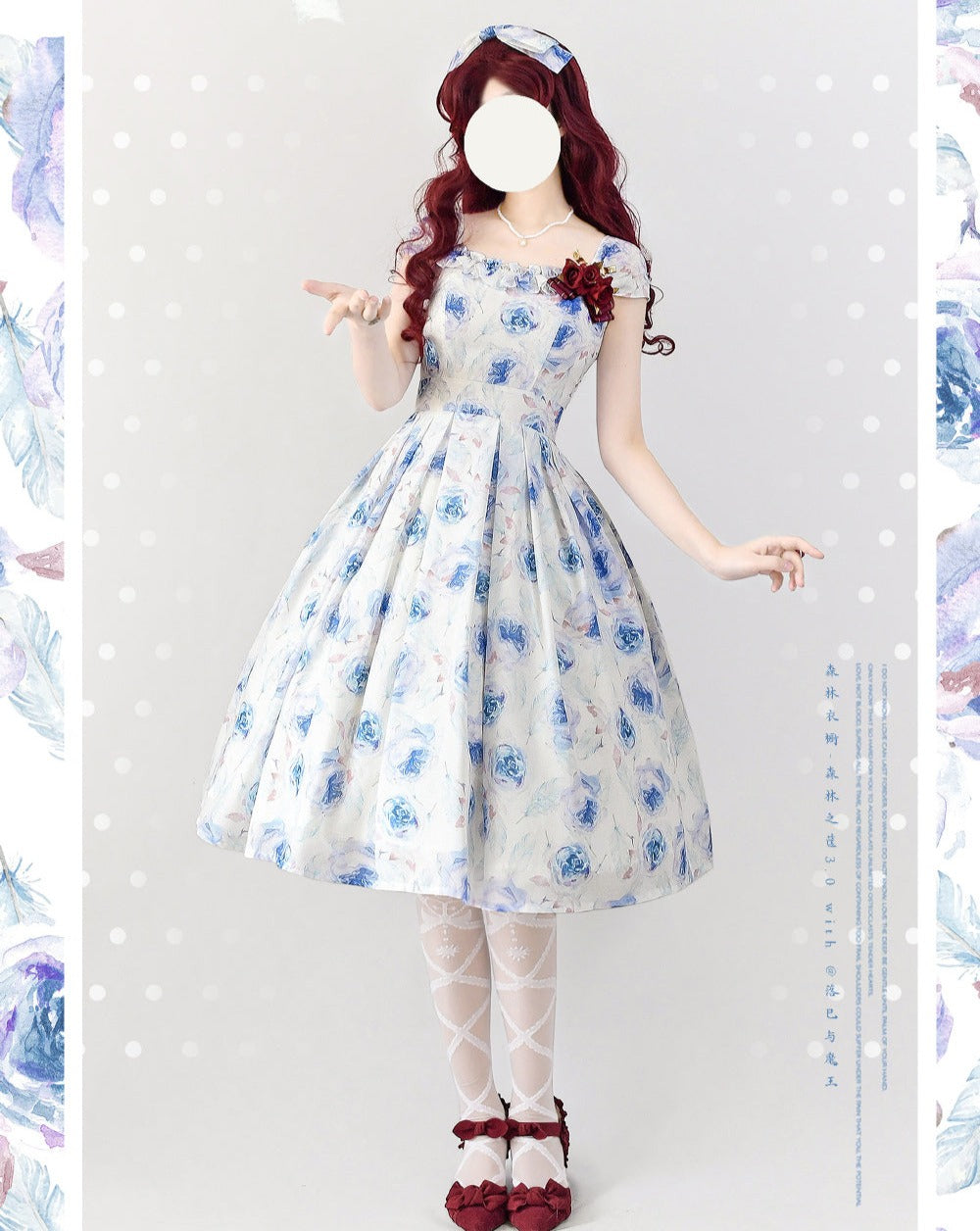 [Reservation sale] Blue rose French sleeve jumper skirt with ribbon hair accessory