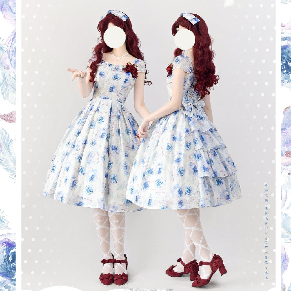 [Reservation sale] Blue rose French sleeve jumper skirt with ribbon hair accessory
