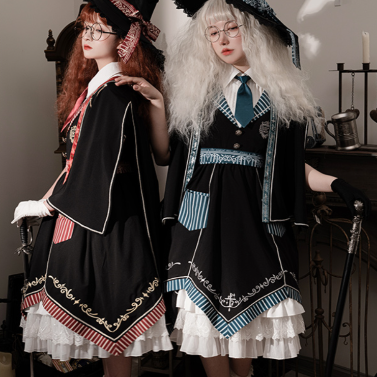 Magic Academy Frill Gorgeous Lolita Dress, Cloak, Hat Set